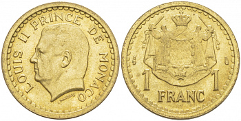 Монако 1 франк 1945 Луи II (1922-1949) KM 120 a алюминиевая бронза UNC 4402-732