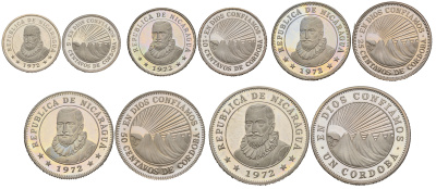 Никарагуа набор из 5 монет в оригинальной коробке 1972 5, 10, 25 и 50 сентаво и 1 кордоба, в оригинальной коробке с сертификатом KM PS4 медно-никель  PROOF  1-5-2-57