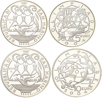 Сан-Марино набор из 2 монет (5 и 10 евро) 2003 XXVIII летние Олимпийские Игры, Афины 2004 KM 453 и 454 серебро PROOF 00-00