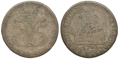 ДАТСКАЯ ВЕСТИНДИЯ 12 СКИЛЛИНГОВ 1763 KM 6.2 серебро 02-205-12