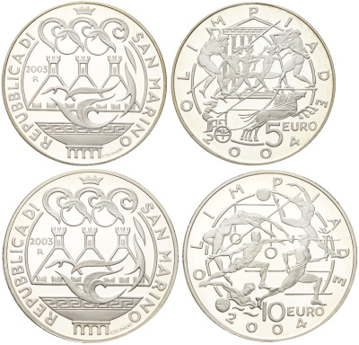 Сан-Марино набор из 2 монет (5 и 10 евро) 2003 XXVIII летние Олимпийские Игры, Афины 2004 KM 453 и 454 серебро PROOF 00-00