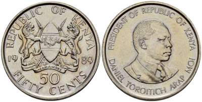 Кения 50 центов 1989 Дэниэл арап Мои KM 19 медно-никель UNC 4511-1132