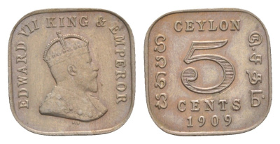 Цейлон 5 центов 1909 Эдуард VII (1901-1910) KM 103 медно-никель UNC 1518-722