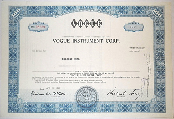 США, VOGUE INSTRUMENT CORP. 100 АКЦИЙ 1969 США бумага 00-00