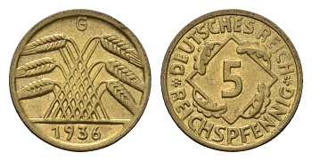 Германия 5 рейхспфеннигов 1936 G KM 39, J. 316 алюминиевая бронза aUNC 54-355