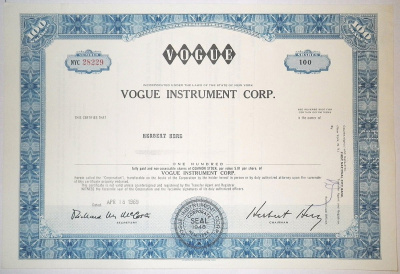 США, VOGUE INSTRUMENT CORP. 100 АКЦИЙ 1969 США бумага 00-00