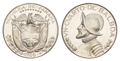 Панама 1/4 бальбоа (25 сентесимо) 1966 тираж 13.000 экземпляров KM 11.2a медь плакированная медно-никелем PROOF 1522-243