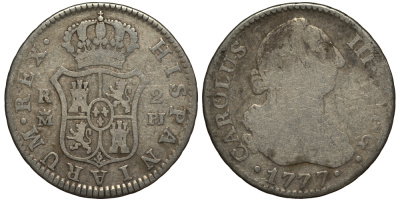 Испания 2 реала 1777 PJ, Карлос III (1759-1788) KM 412.1 (C38.1) серебро 650-921