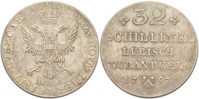 Любек 32 шиллинга 1797 H.D.F., KM 199 (C16), Behrens 303 серебро 413-1714