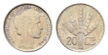 Уругвай 20 сентесимо 1942 год-тип KM 29 серебро 4668-1037