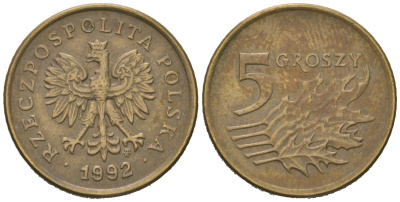 Польша 5 грошей 1992 KM 278 латунь 4549-834