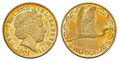 Новая Зеландия 2 доллара 2001 Елизавета II (1952-2022), большая белая цапля, редкий год KM 121 алюминиевая бронза 413-1014