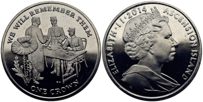 Остров Вознесения 1 крона 2014 в память героев первой мировой войны, допрос KM NEW медно-никель UNC M90-15