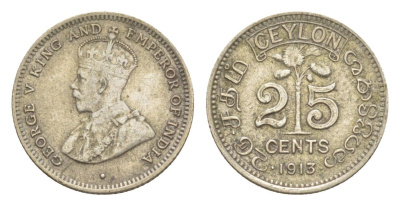 Цейлон 25 центов 1913 Георг V (1910-1936) KM 105 серебро 1516-1211