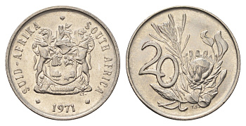 ЮАР 20 центов 1971 герб, цветок протея KM 86 никель aUNC 4693-656