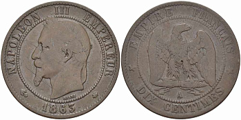 Франция 10 сантимов 1863 A, Наполеон III (1852-1870) KM 798.1, Le Franc 134.8 бронза 4394-1133