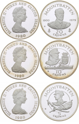 Теркс и Кайкос набор из трех монет, 5, 10, 20 крон 1980 лорд Маунтбеттен (1900-1979), последний вице-король Индии KM 47, 48, 49 серебро PROOF 11-178-33