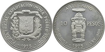 Доминиканская Республика 10 песо 1975 TAINO ART KM 38 серебро PROOF 00-00