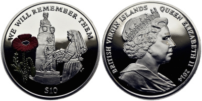 Британские Виргинские острова 10 долларов 2014 в память героев первой мировой войны, памятник, красный мак KM NEW серебро, эмаль  PROOF  1071-1-22