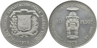 Доминиканская Республика 10 песо 1975 TAINO ART KM 38 серебро PROOF 00-00