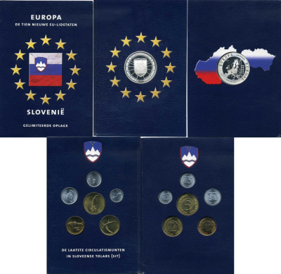 Словения набор из 6 монет + медаль 1992-2004 медаль серебро 2004 Европа, PROOF, в оригинальном буклете UNC 4-4-1-50