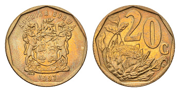 ЮАР 20 центов 1997 герб, цветок протея KM 162 сталь плакированная латунью UNC 4694-862