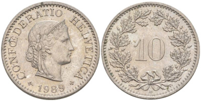 ШВЕЙЦАРИЯ 10 РАППЕНОВ 1989 В KM 27 медно-никель 55-532