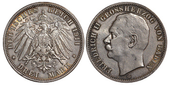 Баден 3 марки 1911 G, Фридрих II (1907-1918) Weege 39, J. 39, KM 280 серебро 413-4114