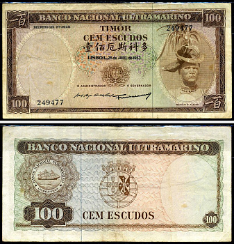 Восточный Тимор 100 эскудо 1963 подписи Abel Beja Corte Real, Francisco Jose Vieira Machado Pick 28a (4) бумага 6266-14-3-2