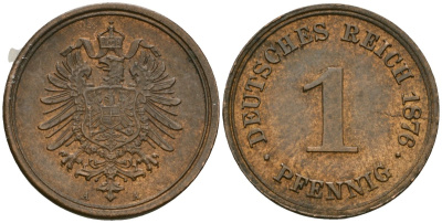 Германия 1 пфенниг 1876 A, Вильгельм I (1871-1888) KM 1, J. 1 медь aUNC 1525-345
