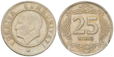 Турция 25 курушей 2009 Кемаль Ататюрк KM 1242 медно-никель 4618-427