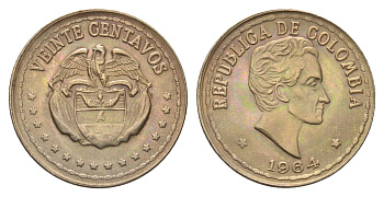 Колумбия 20 сентаво 1964 KM 215 медно-никель UNC 4662-612