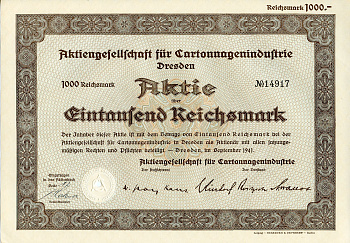 Германия 1000 рейхсмарок 1941 АО картонной промышленности, Дрезден, акция   бумага  8804-95-1