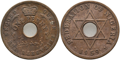 Нигерия 1 пенни 1959 Елизавета II (1952-), Британский протекторат KM 2 бронза 51-134