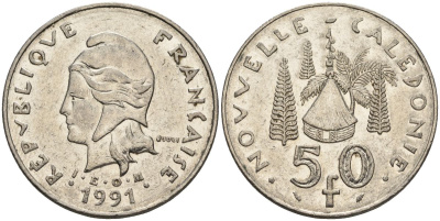 Французская Новая Каледония 50 франков 1991 хижина среди сосен и пальм, (IEOM) KM 13, Schoen 15, Lec 121 никель 4120-1234