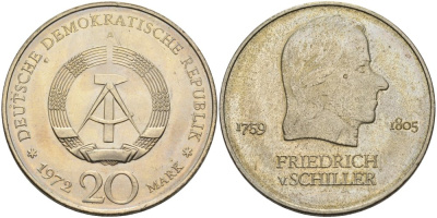 ГДР 20 марок 1972 А, Фридрих Шиллер (1759-1805) KM 40 медно-никель UNC 4558-622