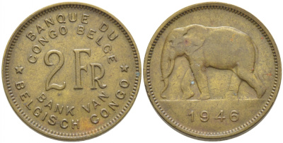Бельгийское Конго 2 франка 1946 KM 28 латунь 3856-113