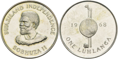 Свазиленд 1 луланга 1968 независимость, Собуза II KM 5 серебро PROOF 00-000-00
