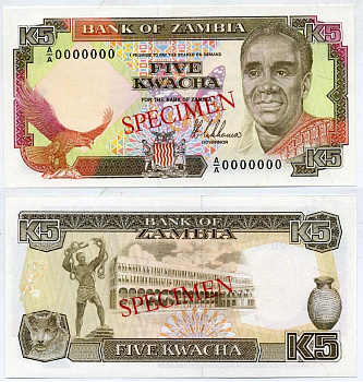 Замбия 5 квач ND (1989) Кеннет Каунда, лев. Образец, Specimen Pick 30s бумага UNC (пресс) 451-337-2