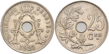 Бельгия 25 сантимов 1921 Belgie, Альберт I (1909-1934) KM 69 медно-никель 63-1143