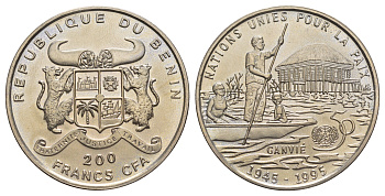 Бенин 200 франков 1995 50 лет ООН KM 16 медно-никель UNC 5010-1045