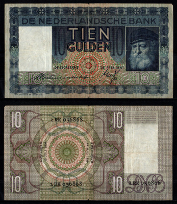 Нидерланды 10 гульденов 1939 Pick 49 бумага 8592-24-1-2