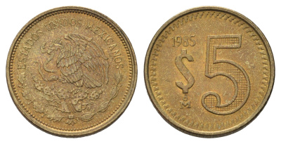 Мексика 5 песо 1985 KM 502 латунь UNC 4580-1214