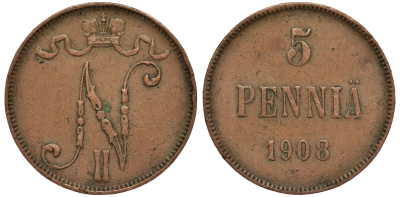 Россия для Финляндии 5 пенни 1908 Николай II (1894-1917) KM 15, Биткин 449 медь 4681-1244