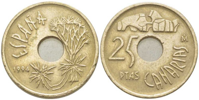 ИСПАНИЯ 25 ПЕСЕТ 1994 КАНАРСКИЕ ОСТРОВА (CANARIAS), ХУАН КАРЛОС I (1975-) KM 933 никель бронза 117-212