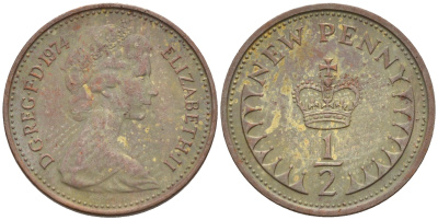 Великобритания 1/2 пенни 1974 Елизавета II (1952-2022) KM 914, Spink 4239 бронза 4588-1265