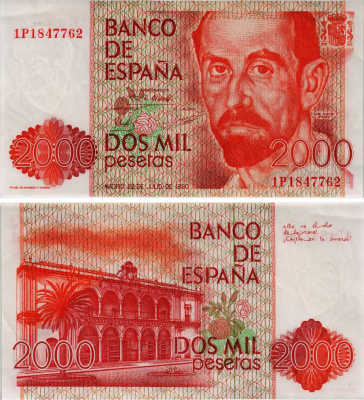 ИСПАНИЯ 2000 ПЕСЕТ 1980 (1983) 22 ИЮЛЯ 1980, ХУАН РАМОН ХИМЕНЕС ИСПАНСКИЙ ПОЭТ, ВИЛЛА ДЕ ЛЯ РОЗА Pick 159 бумага аUNC 6281-37-1-2