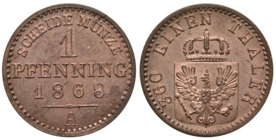 Пруссия 1 пфенниг 1868 А KM 480 медь PROOF 00-806-63