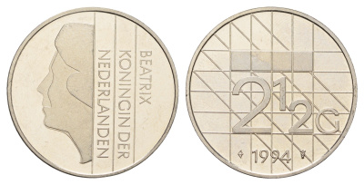 Нидерланды 2 1/2 гульдена 1994 Беатрикс (1980-2013), редкий год KM 206 никель UNC 4367-631