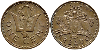 Барбадос 1 цент 1973 сломанный трезубец Британии KM 10 бронза 4396-1235